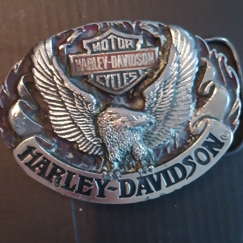 小物 90s Harley-Davidson eagle belt Official Harley Davidson Round Orange Enamel Eagle Buckle Leather
